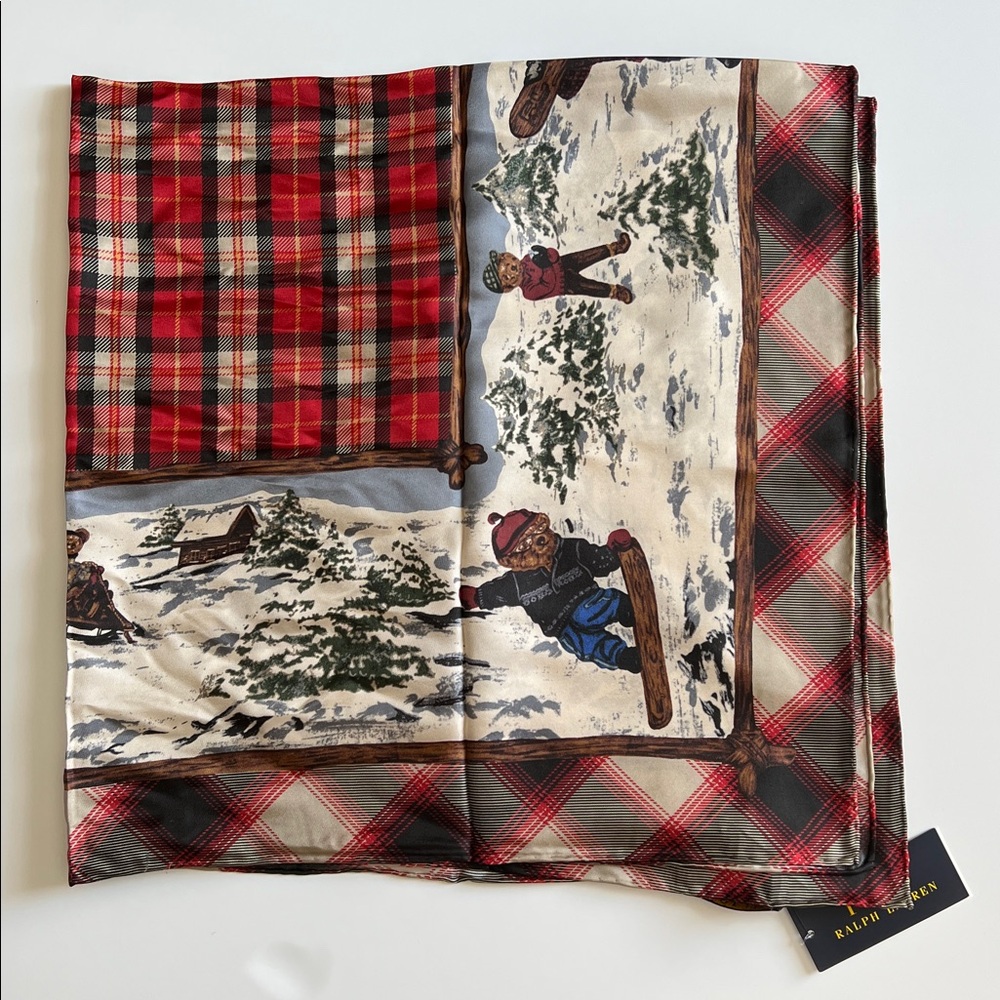 Polo Ralph Lauren Bear Winter Scarf Red Plaid Holiday Ski Skating Rare - Picture 12 of 17